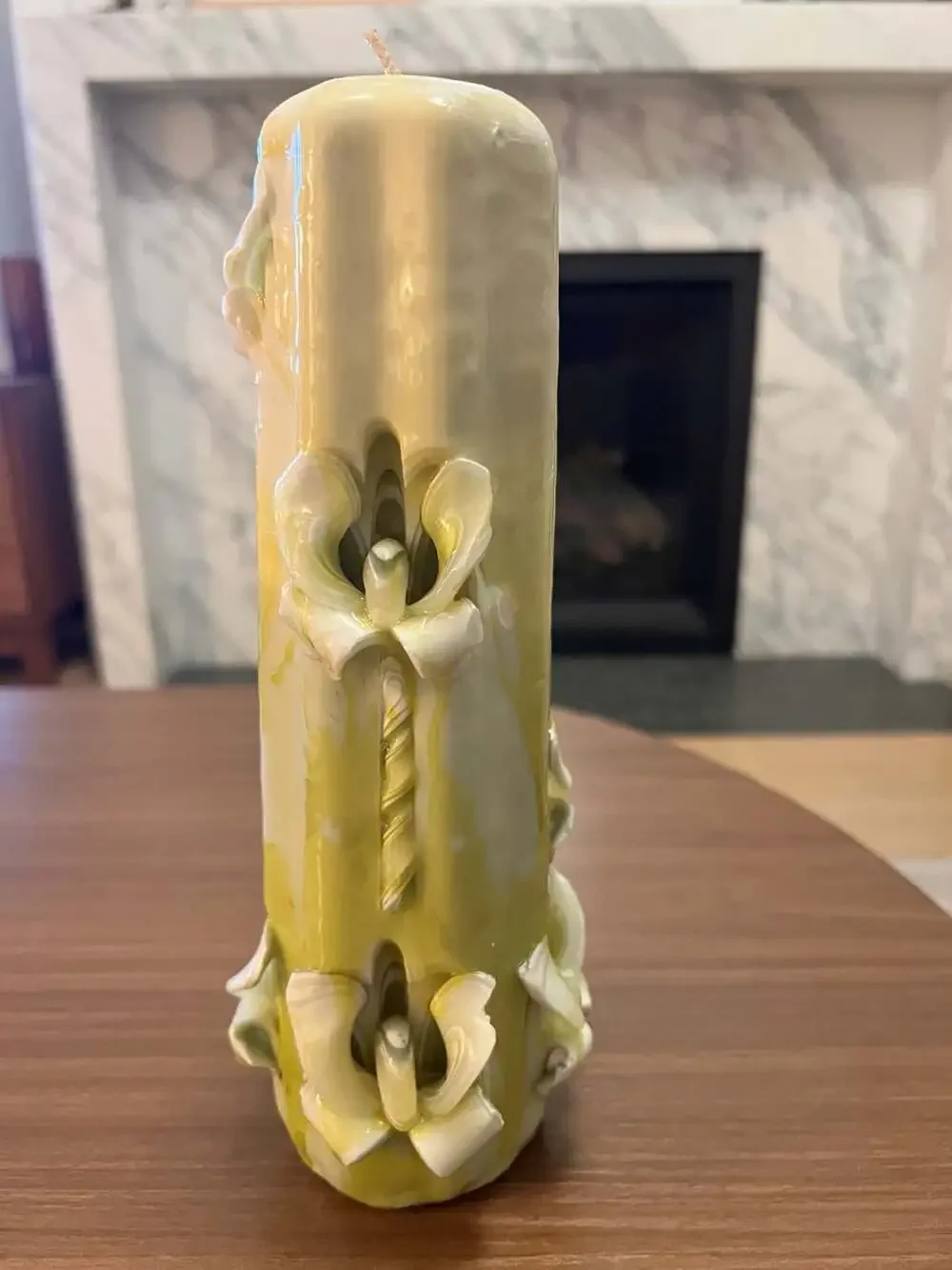 Vintage Hand Carved Sculpted Pillar Candle Green and White Wax
